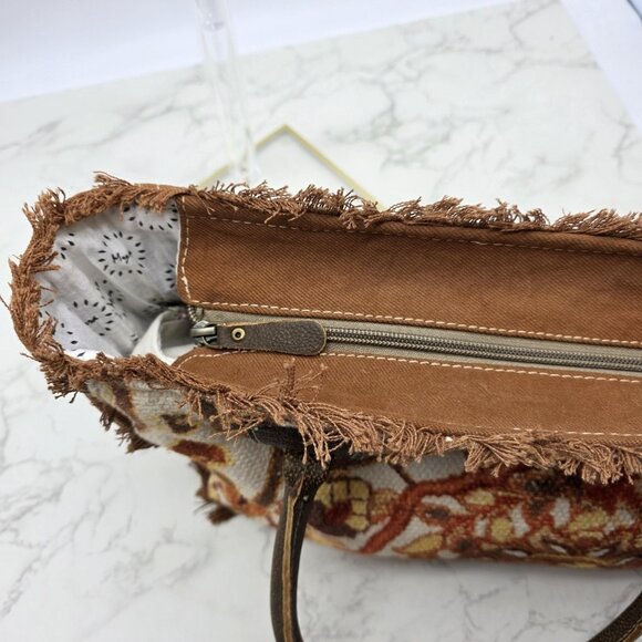 Myra Bag Tote Handbag Womens Brown Canvas Leather Trim Tapestry Boho Zip Top - Picture 5 of 15